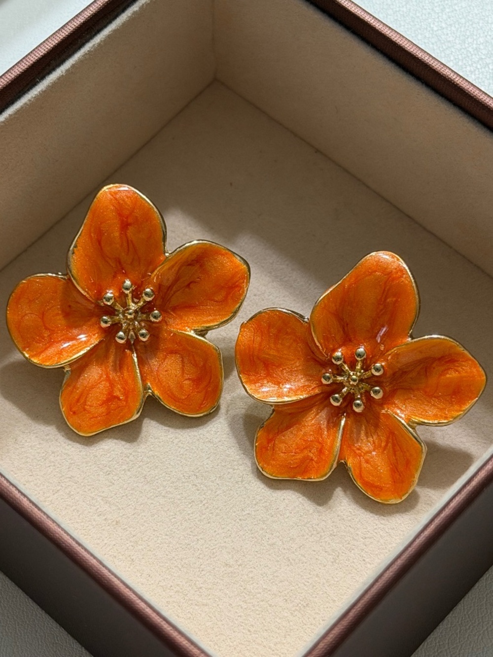 Golden Orange Enamel 5-Petal Flower Statement Earrings